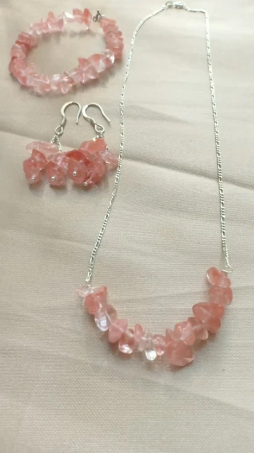 طاقم فضة بالحجر الطبيعي شيري كواparure en pierre naturelle semi précieuse Cherry quartz رتز ..