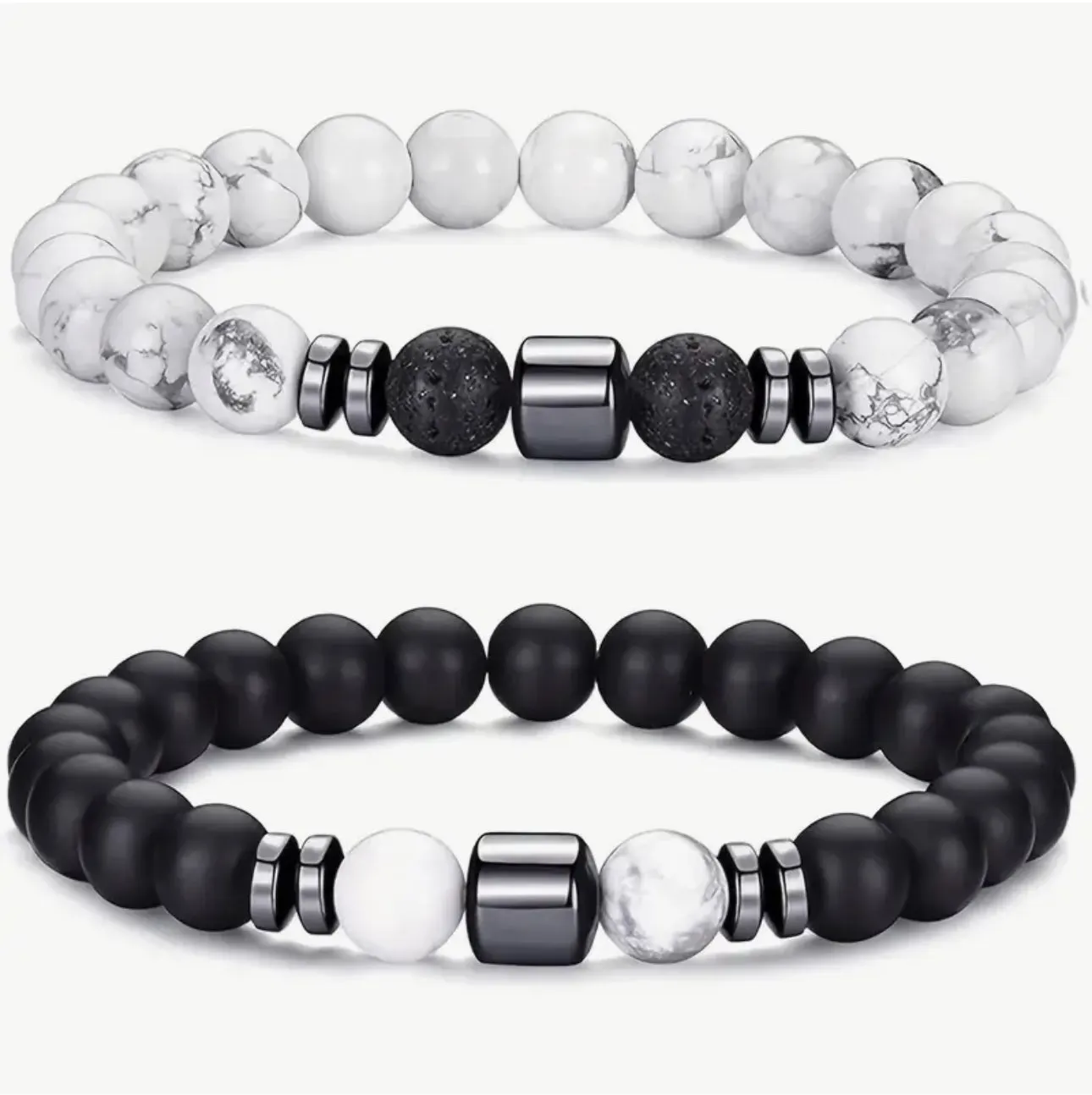 Duo de Bracelets "Yin & Yang" en Howlite, Onyx Mat et Pierre de Lave