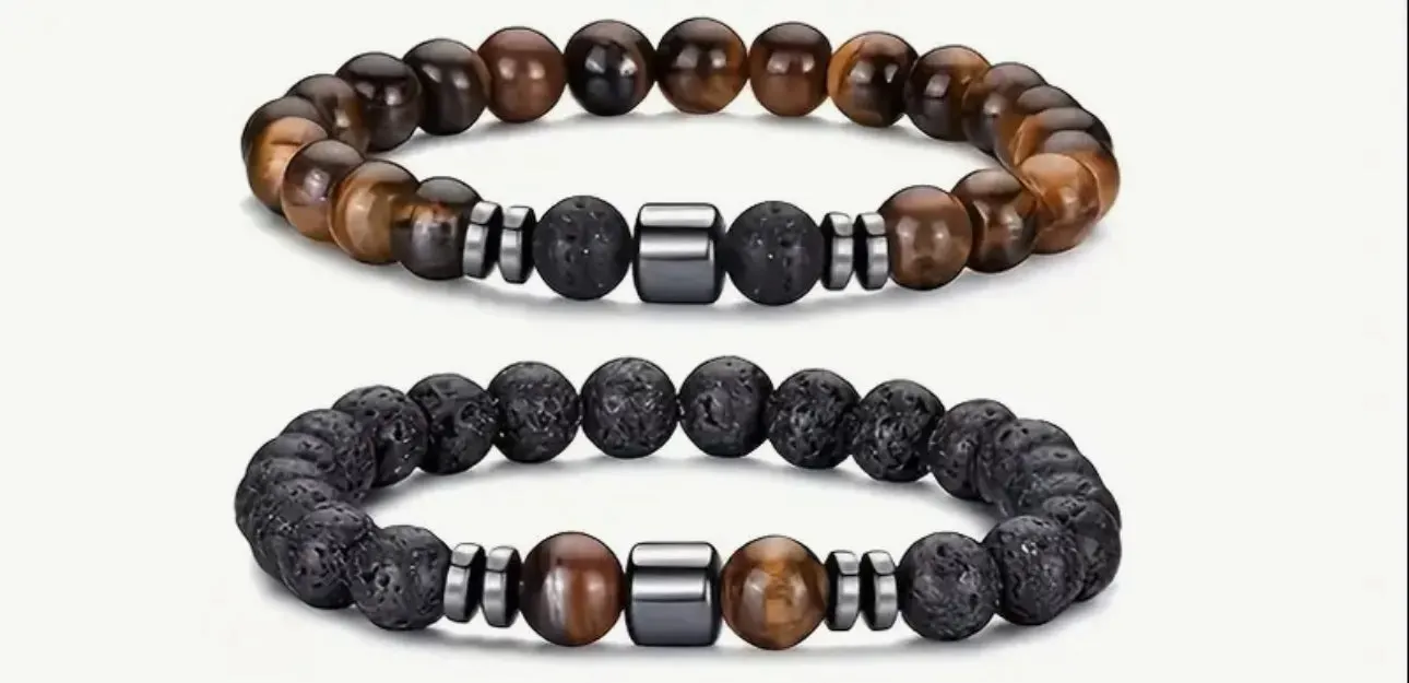 Duo de Bracelets "Force Volcanique" en Pierre de Lave, Œil de Tigre et Hématite