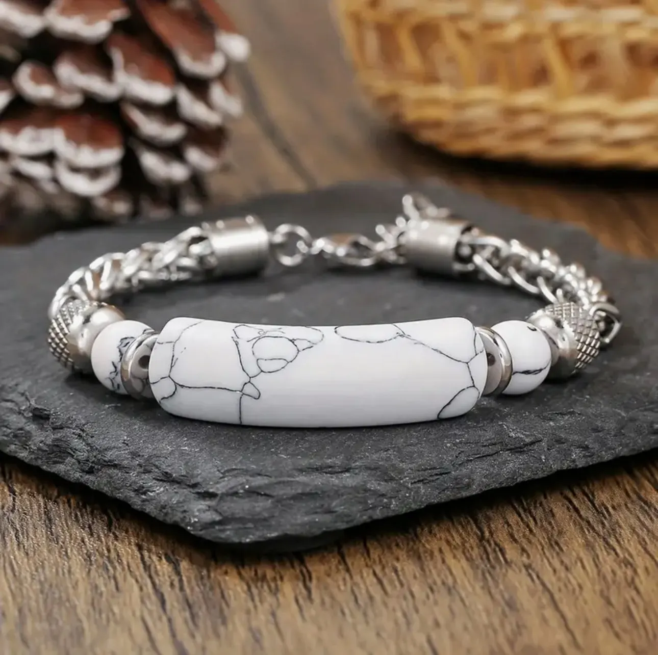 Bracelet Homme "Calme & Caractère" en Acier et Howlite