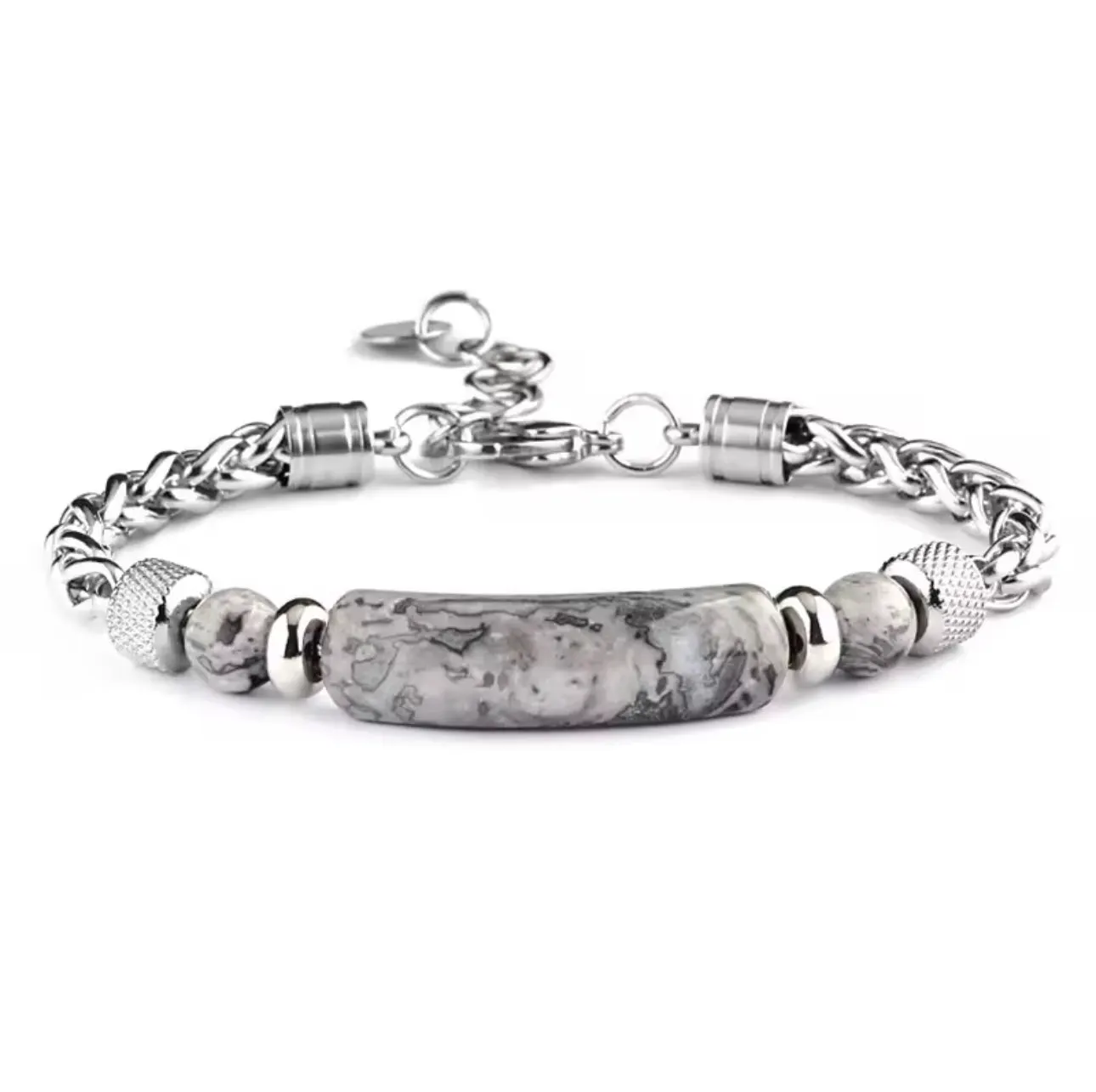 Bracelet "Caractère" en Acier Inoxydable et Jaspe Picasso