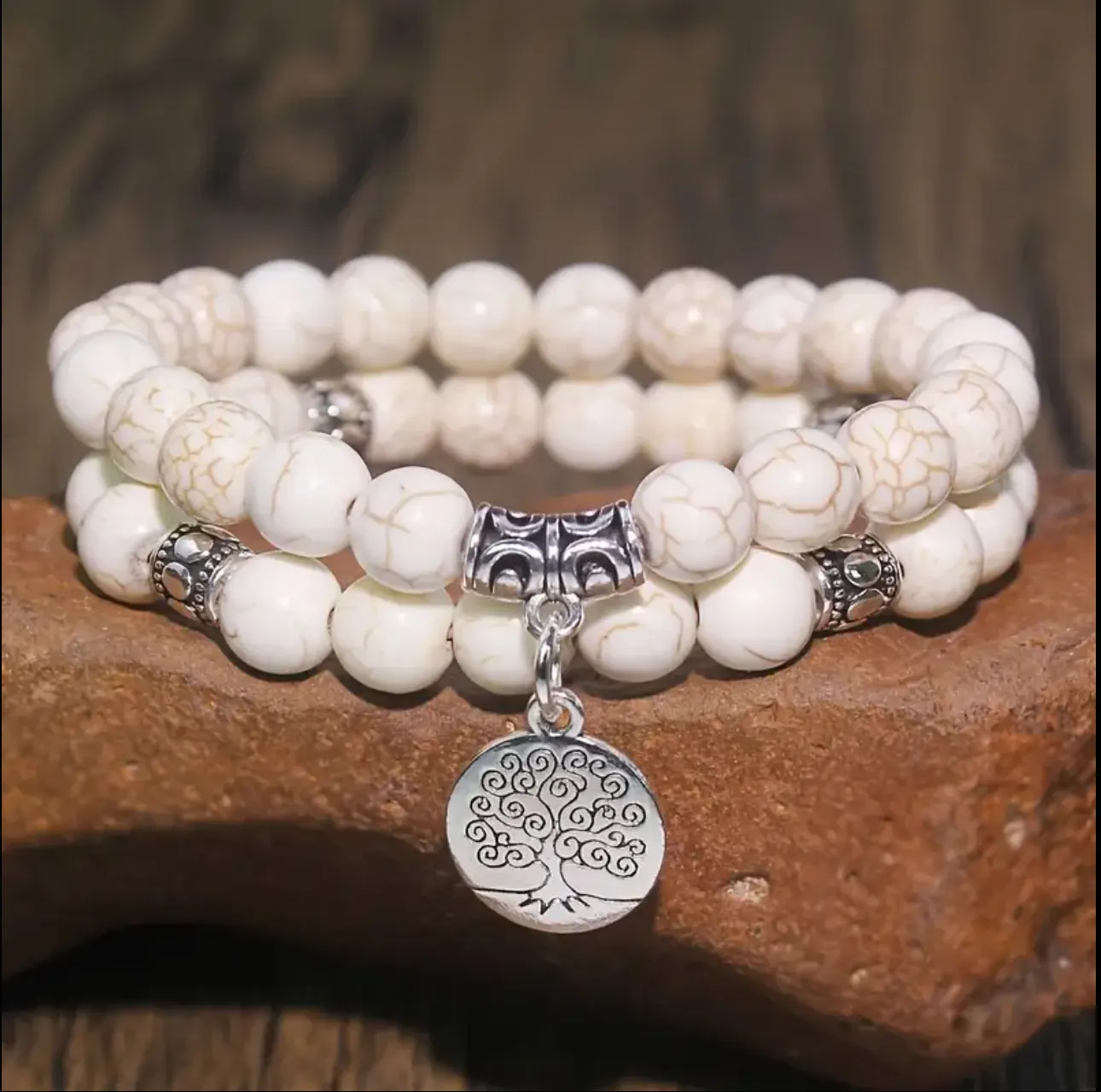 Bracelet Duo "Calme & Ancrage" en Howlite et Arbre de Vie