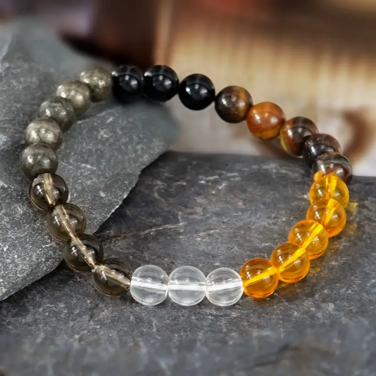 Bracelet en Pierre de Tigre, Ambre & Quartz – Protection, Équilibre et Énergie