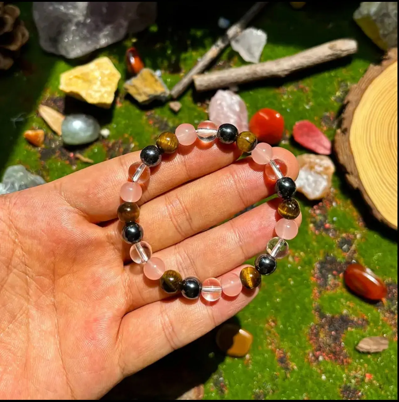 Bracelet en Quartz Rose, Œil de Tigre et Hématite – Équilibre et Force intérieure
