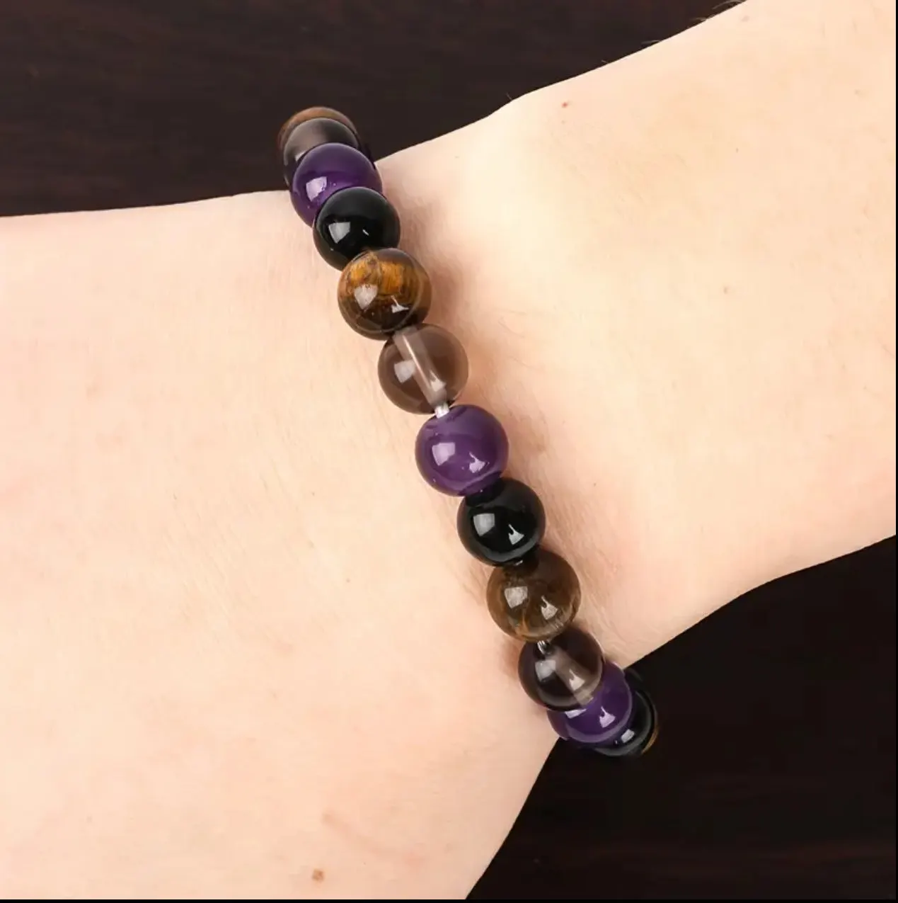 Bracelet en Améthyste, Œil de Tigre, Obsidienne et Quartz Fumé – Intuition & Protection