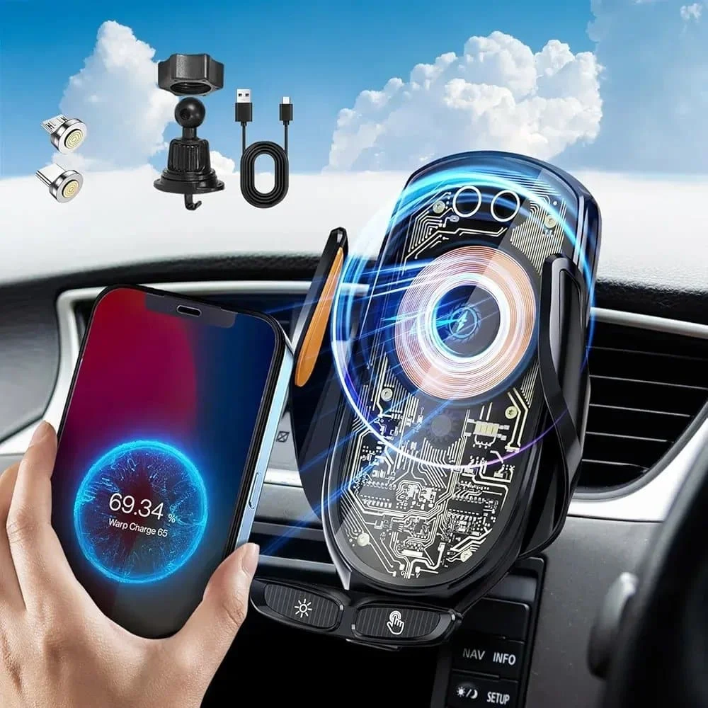 Support et Chargeur de Voiture Sans Fil 66W - Magnétique & Transparent