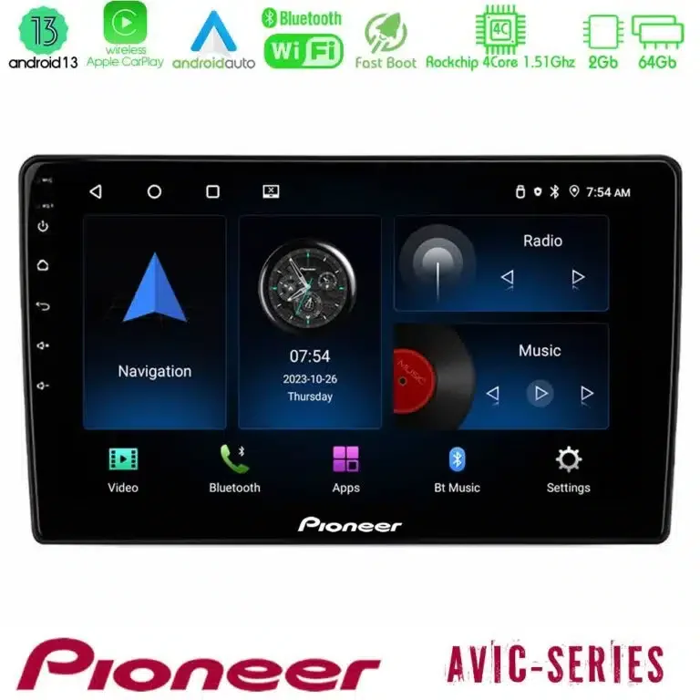Autoradio Tablette Pioneer AVIC Android 13 - 4 Core 32Go CarPlay Sans Fil