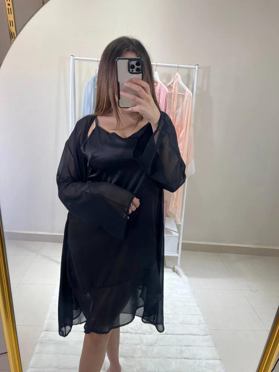 Déshabillé Noir Penché - Ensemble Nuisette et Kimono en Soie
