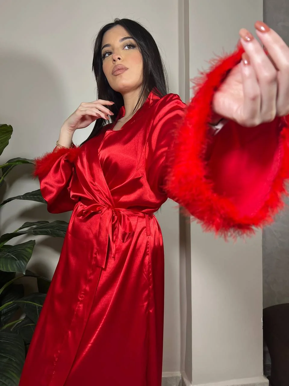 Peignoir Long en Satin avec Plumes - Moroy Lingerie