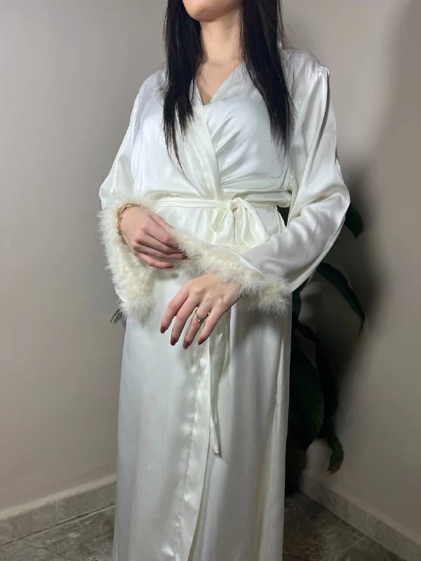 Peignoir Long en Satin avec Plumes - Moroy Lingerie